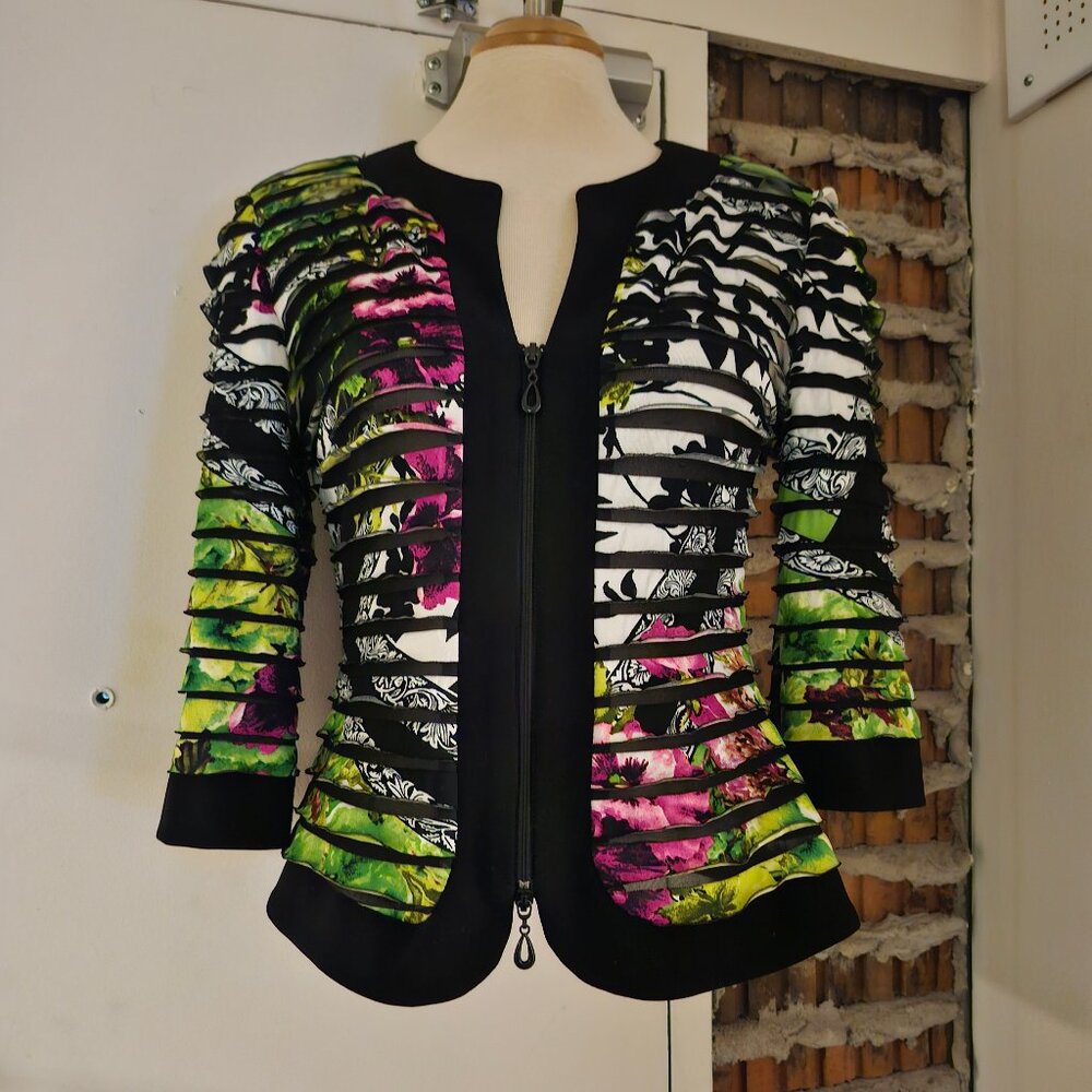 Joseph Ribkoff Floral Zip Front Jacket Blazer Cardigan Ruffles Mesh Size 10